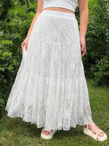 CovetEZ Plus Size Solid Color Lace Ruffle Hem Skirt For Summer - White - View 3