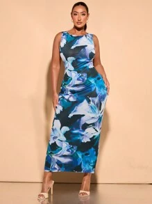 SHEIN BAE Plus Size Color Block Round Neck Sleeveless Bodycon Dress For Women, Summer - Multicolor - View 1