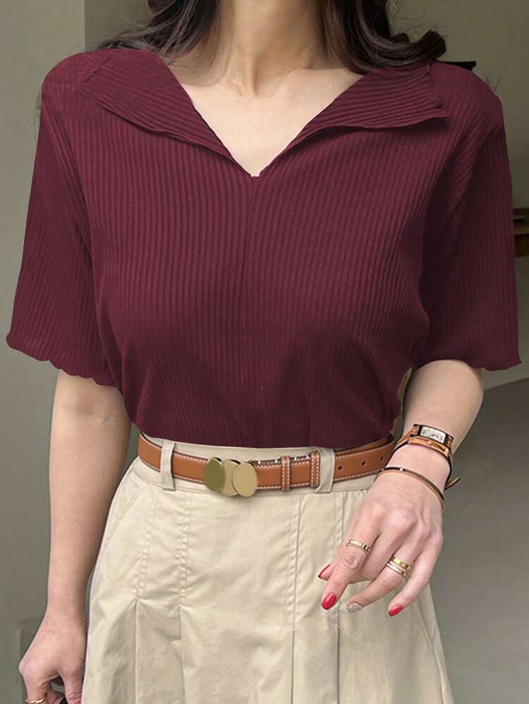 Women's Solid Color Turn-Down Collar Slim-Fit T-Shirt Summer,Business Casual Women
