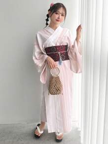 FRIFUL Japanese Style Striped & Printed Yukata With Woven Obi Belt And Tassel Waistband Set, Upgraded Version