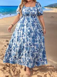 SHEIN CURVE+ Vestido de Verão Plus Size para Mulheres, Estilo A-Line com Estampa Floral - Multicolorido - Visão 2