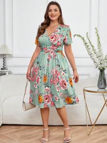 Reflora Plus Size Women Wrap V Neck, Cinched Waist Printed A-Line Dress With Pockets For Summer,Beach Dress Sundress,Holiday Outfits Boho