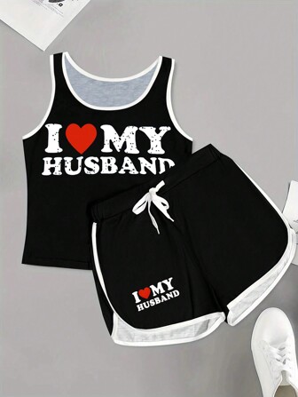 女士字母印花无袖圆领背心和短裤休闲套装