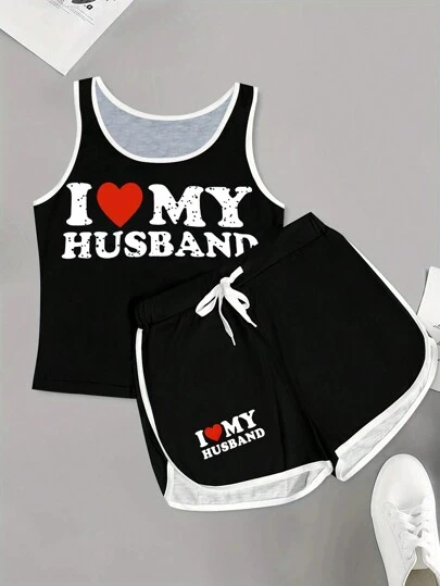 SRoinpar 女士“我爱我的丈夫”字母印花无袖圆领背心和短裤休闲黑色套装，适合情人节和夏季穿着。