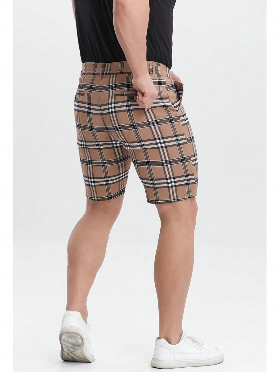 男士格纹短裤修身弹力斜纹布短裤男式格子短裤