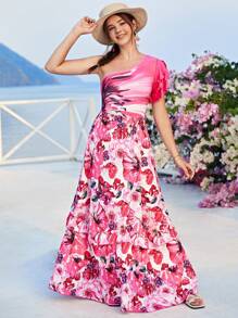 SHEIN Cô Gái Tuổi Teen Mùa Hè Thắt Nơ In Hình Một Vai Xù Lông Tay Ngắn Và In Hoa Váy Dài Kỳ Nghỉ Bộ 2 Chiếc - Nhiều màu - Xem 2