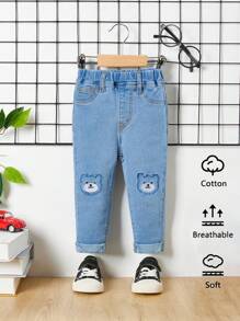 SHEIN Baby Boy Casual Cute Bear Embroidered Light Blue Stretch Knitted Denim Jeans, For Daily Look - Light Wash - View 1