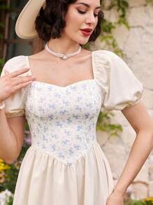 Vintamour Vestido Vintage Elegante com Estampa Floral Feminina, Primavera/Verão, Gola em Forma de Coração e Mangas Bufantes, Vestido Branco Evasê para Férias, Formatura, Vestido Branco de Formatura, Roupas de Verão, Vestido de Formatura, Vestido, Roupas para Concerto Country, Vestido para Chá de Panela, Vestido para Recepção de Casamento, Branco - Multicolorido - Visão 4