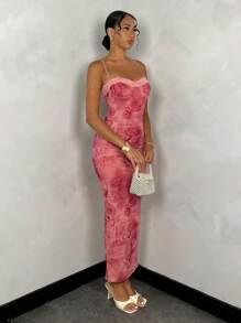 SHEIN BAE Rochie de vară, sexy, cu imprimeu floral, roșu, cu model vintage, din dantelă, pentru femei, slim fit, lungă