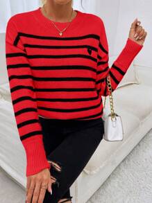 EURMUSE Women's Heart Embroidery Striped Sweater Pullover - Hot Pink - View 3