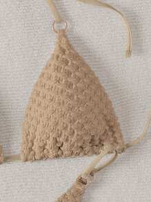 SHEIN Swim 女士纯色露背系带性感比基尼套装，适合度假夏季 - 卡其色 - 查看 3