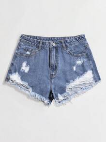 SHEIN EZwear 女士牛仔短褲，破壞口袋和鬆散邊緣設計，休閒風格 - 深色水洗藍 - 查看 3