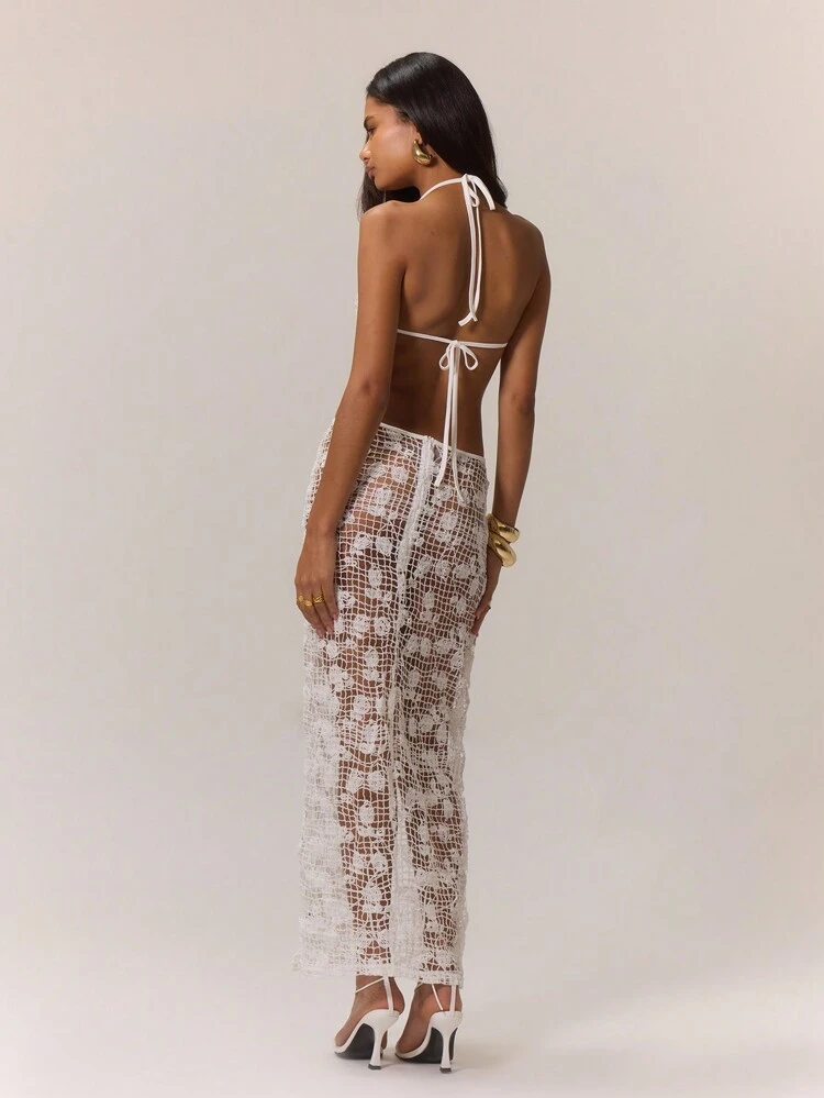 Summer Sheer Floral Pattern Halter Neck Backless Maxi Dress Elegant Spring Vacation Party Long Dress Bridal Hen Do Bachelorette Wedding