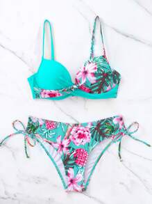 Swim Lushoire 女款夏日海灘花卉印花比基尼套裝，扭結細節設計，隨機印花，有內托push up設計 - 彩色 - 查看 9