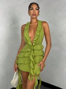 SHEIN BAE 1pc Women's Elegant Neckline Ruffle Tie-Up Solid Color Chiffon Beach Dress, For Date & Holiday