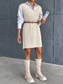 EURMUSE Solid Color Fashionable Knitted Top Dress With Twisted V-Neck - Khaki - View 3