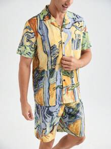 Men's Summer Random Print Short Sleeve Shorts Home Wear Set - Yellow - View 6
