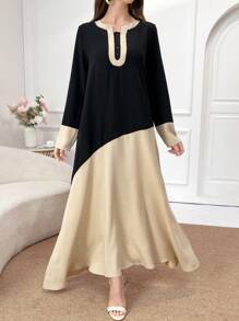 Al Najma Ladies Color Block Simple Arabian Dress For Daily Wear, Color Block Long Sleeve Kaftan Dress, Elegant Loose Button Front Maxi Length Dress, Modest - Black - View 4