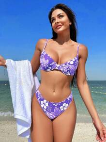 SHEIN Swim Floral Print V-Neck Spaghetti Strap Bikini Set, Separated , Summer Beach - Purple - View 6