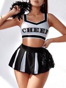Women's Fashion Color Block Printed Cheerleading Costume (Cheerleader Uniform) - Black and White - View 3