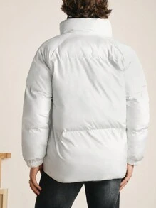 RueChic Men's Classic Letter Printed Zipper Front Stand Collar Winter Coat - White - View 2