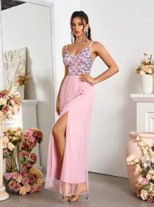 SHEIN Belle Váy lưới đính sequin thời trang mùa hè xẻ tà và dây mảnh - Bụi hồng - Xem 4