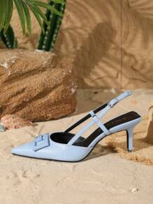 On feet& in love 女士时尚优雅方形装饰踝带尖头低帮高跟鞋，适合搭配连衣裙，猫跟鞋，优雅 - 藍色 - 查看 7