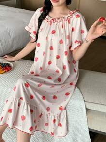 DAZY Cute Strawberry Printed Sleeping Dress With Layered Ruffle Hem And Contrast Stitching Pajama - Beige - View 6