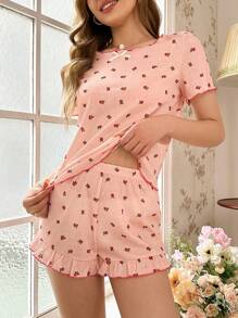 Women's Summer Pajama Set With Ditsy Floral Short Sleeve Round Neck Top And Shorts, Standard Code - Multicolor - View 1