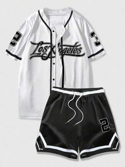 Street Life قميص بطباعة حرف للرجال وتريم بتباين وشورت ذو خصر رباط، المدرسة