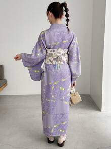 FRIFUL Japanese Style Elaborate Printed Yukata With Woven Jacquard Obi Belt And Fringed Belt Set, Upgraded Yukata