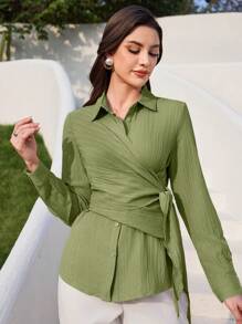 Mulvari 女士休閒純色交叉綁帶長袖襯衫，春季 - 綠色 - 查看 4