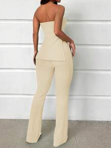 SHEIN SXY Women's Solid Color Halter Top With Side Slit And Flared Pants Holiday Leisure Two-Piece Set - Apricot - View 2
