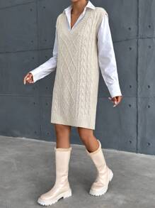 EURMUSE Solid Color Fashionable Knitted Top Dress With Twisted V-Neck - Khaki - View 1