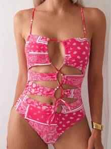 SHEIN Swim 女士夏季沙滩连体泳衣，全身印花，镂空，后背系带，性感 - 玫紅色 - 查看 3