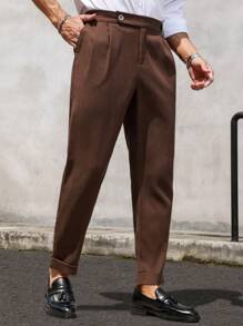 Manfinity Mode Men's Solid Color Pleated Tapered Dress Pants With Pocket, For Daily And Commute - Coffee Brown - View 1