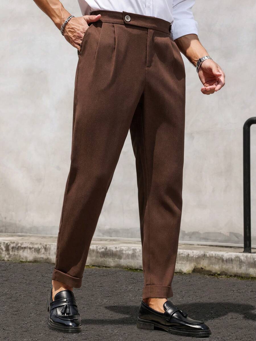Manfinity Mode Men's Solid Color Pleated Tapered Dress Pants With Pocket, For Daily And Commute - Coffee Brown - View 1