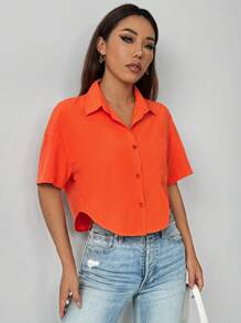 Chiquease Women's Simple Solid Color Short Casual Shirt,Short Sleeve Tops - Burnt Orange - View 4