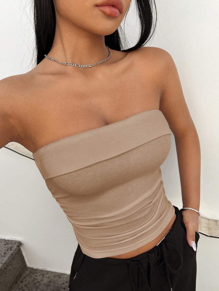 SHEIN EZwear Women's Knitted Tight-Fitting Strapless Top - Khaki - View 1