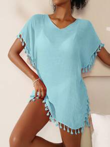 Swim Vcay Women's Summer Solid Color Fringe Decorated Side Slit Beach Cover-Up Dress,Summer Beach - Baby Blue - View 3