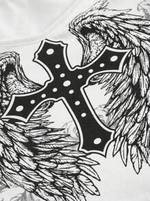 ROMWE Goth 女士翅膀十字不對稱露肩短袖t恤 - 白色 - 查看 4