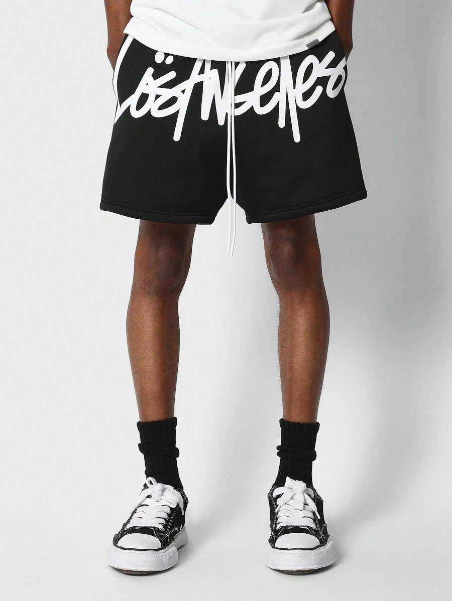 SUMWON Drop Crotch Short With Los Angeles Graphic - Black - View 1