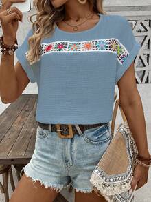 SHEIN LUNE Holiday Casual Crochet Patchwork Batwing Sleeve Shirt - Blue - View 3