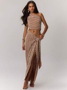 MUSERA 纹理条纹系带侧边长裙 波西米亚风 夏季可爱派对度假 - 棕色 - 查看 3