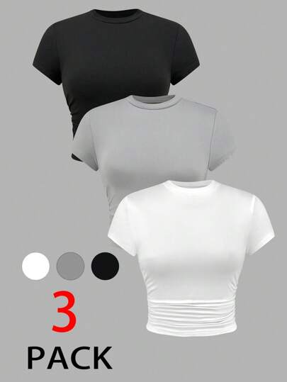 SHEIN PETITE 夏季 3 件套女士褶皺短袖 T 恤衫