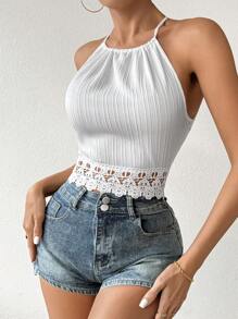 Firerie Top De Cuello Halter Sin Manga, Con Encaje Guipur De Contraste, Lazo Y Espalda Descubierta - Blanco - Ver 3