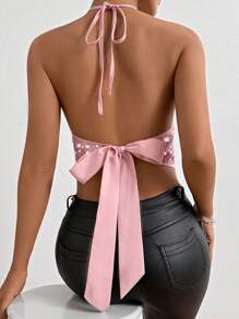 Allurite Top brillante sin espalda con ataduras en la espalda para mujer, perfecto para festivales de música en verano y ropa para fiestas de vacaciones