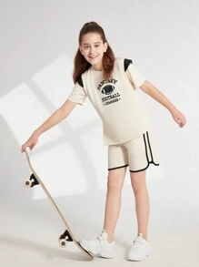 SHEIN Conjunto de ropa deportiva para niña preadolescente, camiseta de cuello redondo de manga corta y shorts, 2 piezas