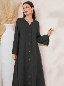 Al Najma Casual Long Sleeve Notched Neck Single-Breasted Flare Cuff Robe Modest Abaya - Black - View 6