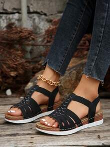 Mùa Hè Mới Đính Kim Cương Nữ Thương Mại Thoải Mái Thời Trang Plus Kích Thước Đế Xuồng Gót Đế Có Dây Co Giãn - màu đen - Xem 4